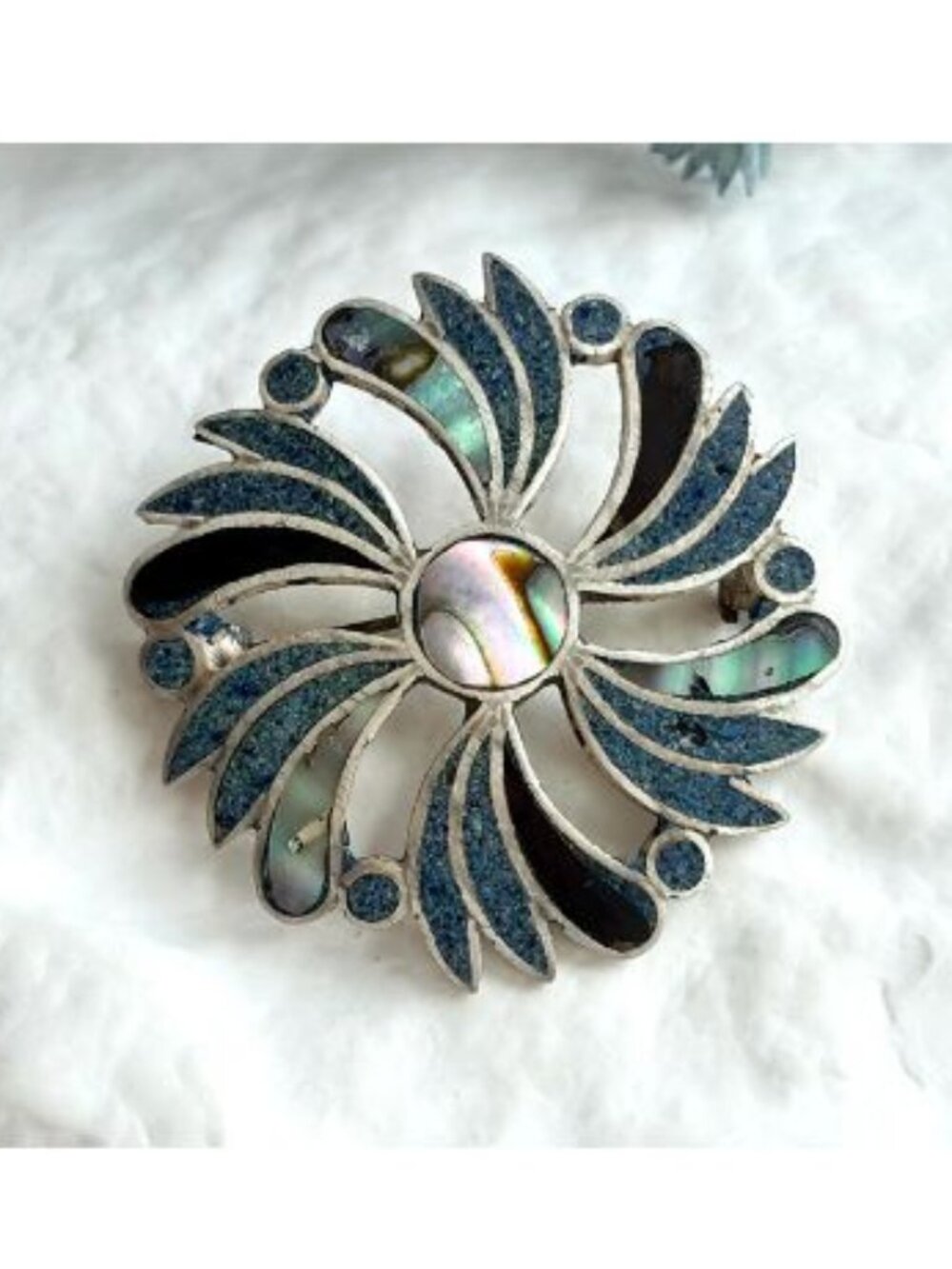 Taxco Mexico Abalone & Turquoise Pinwheel Sterling Silver 925 Vintage Brooch